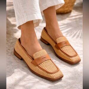 Anthropologie Raffia Leather Loafers Camel Woven Summer Shoe Angel Alarcon EU 39